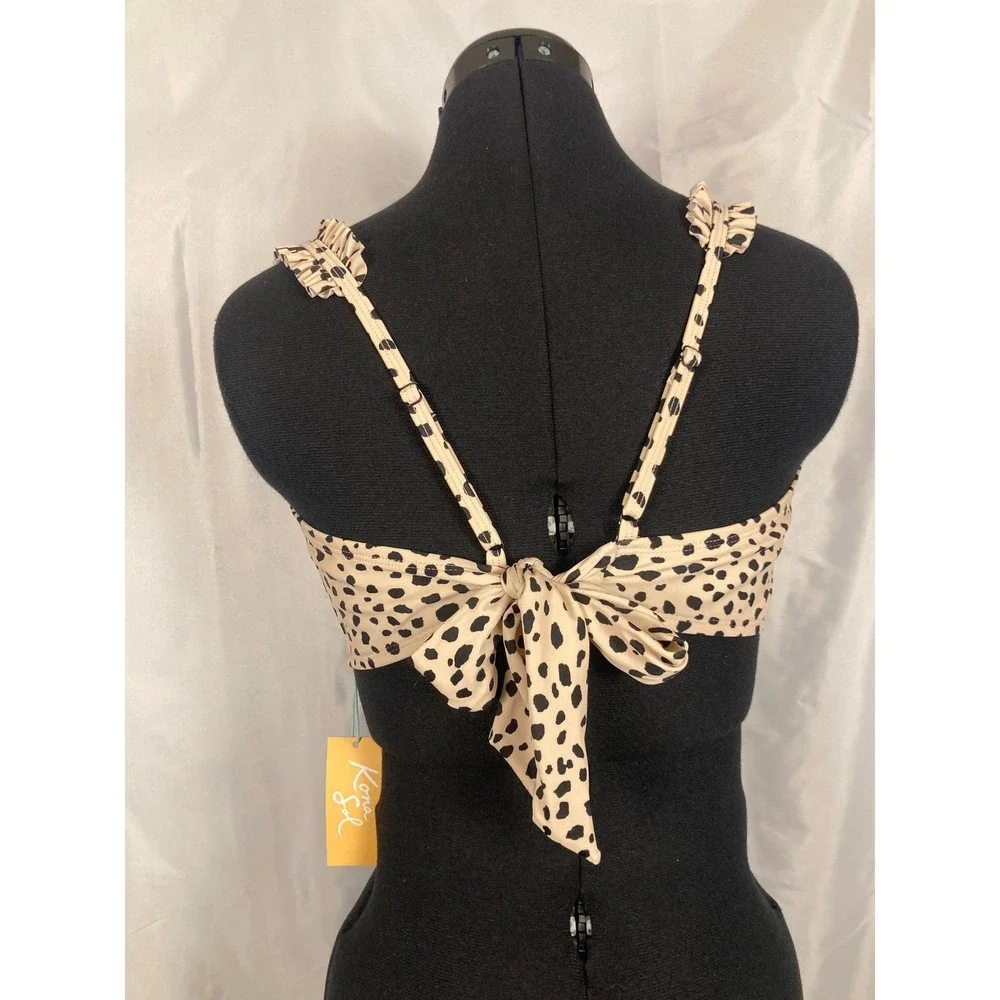 XL Kona Sol Animal Print Bikini Top Tan Black Ruffle Tie Back Wireless
